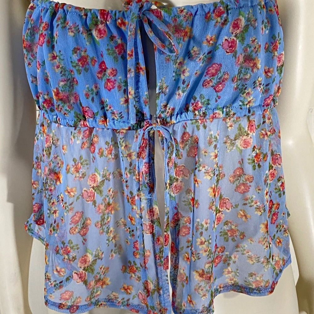 Live‎ In The Moment Blue Floral Mesh Tie Front Babydoll Cami Top Womens Medium - Picture 4 of 8